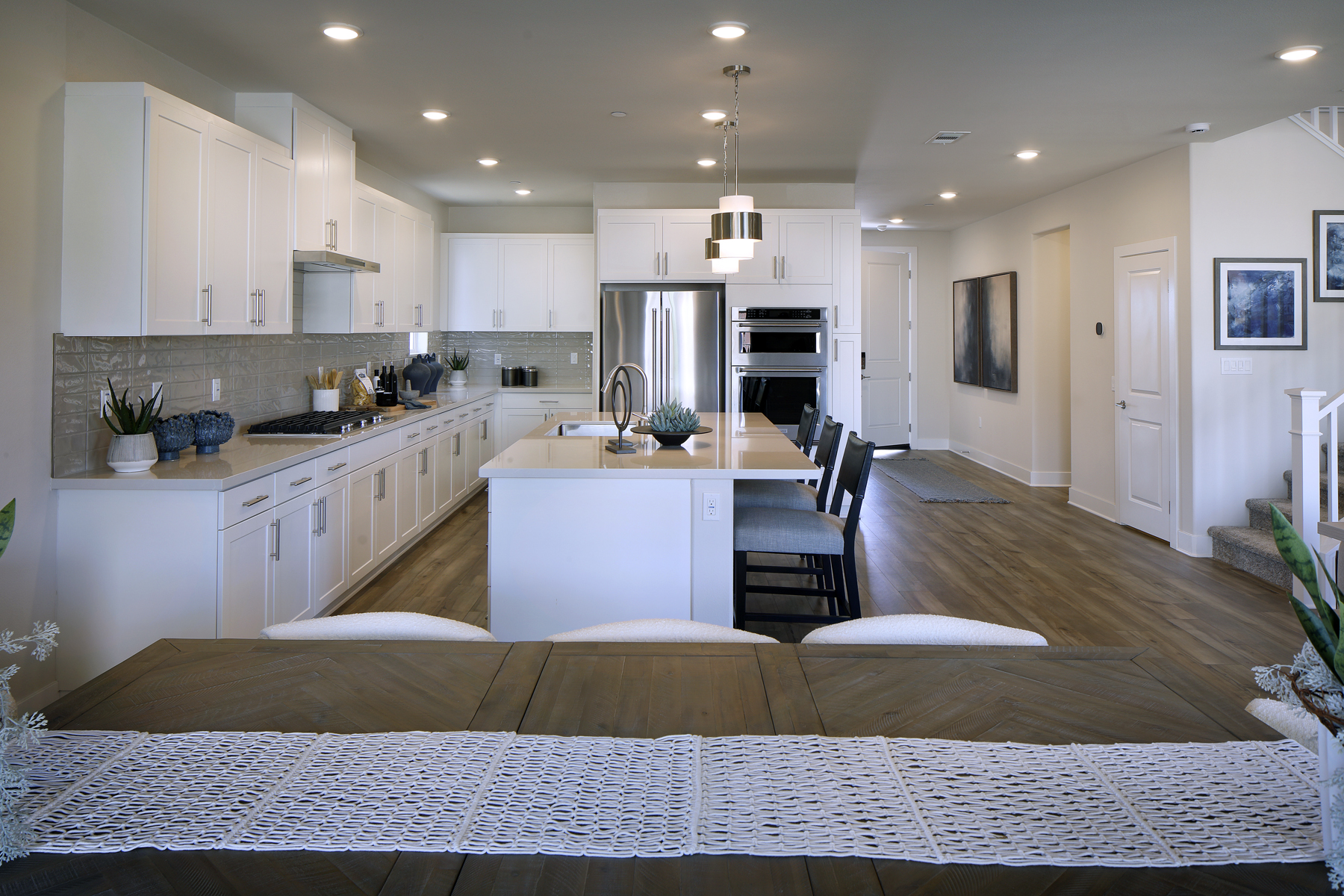 A kitchen with a large island.