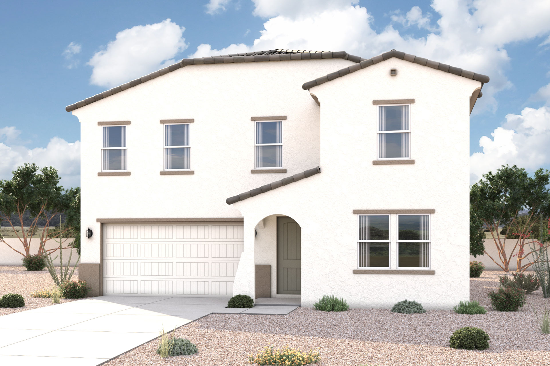 New Home Spanish exterior elevation rendering of 2-story 4-bedroom 3-bathroom floor plan with an additional loft upstairs and study downstairs in Florence AZ Near Queen Creek USDA Loan VA Loan Eligible Near Hunt Highway with community Pool, Gym and more!