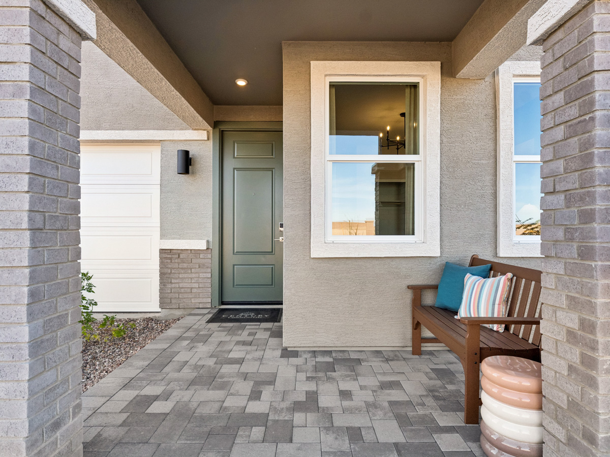 A bench in a stone building.