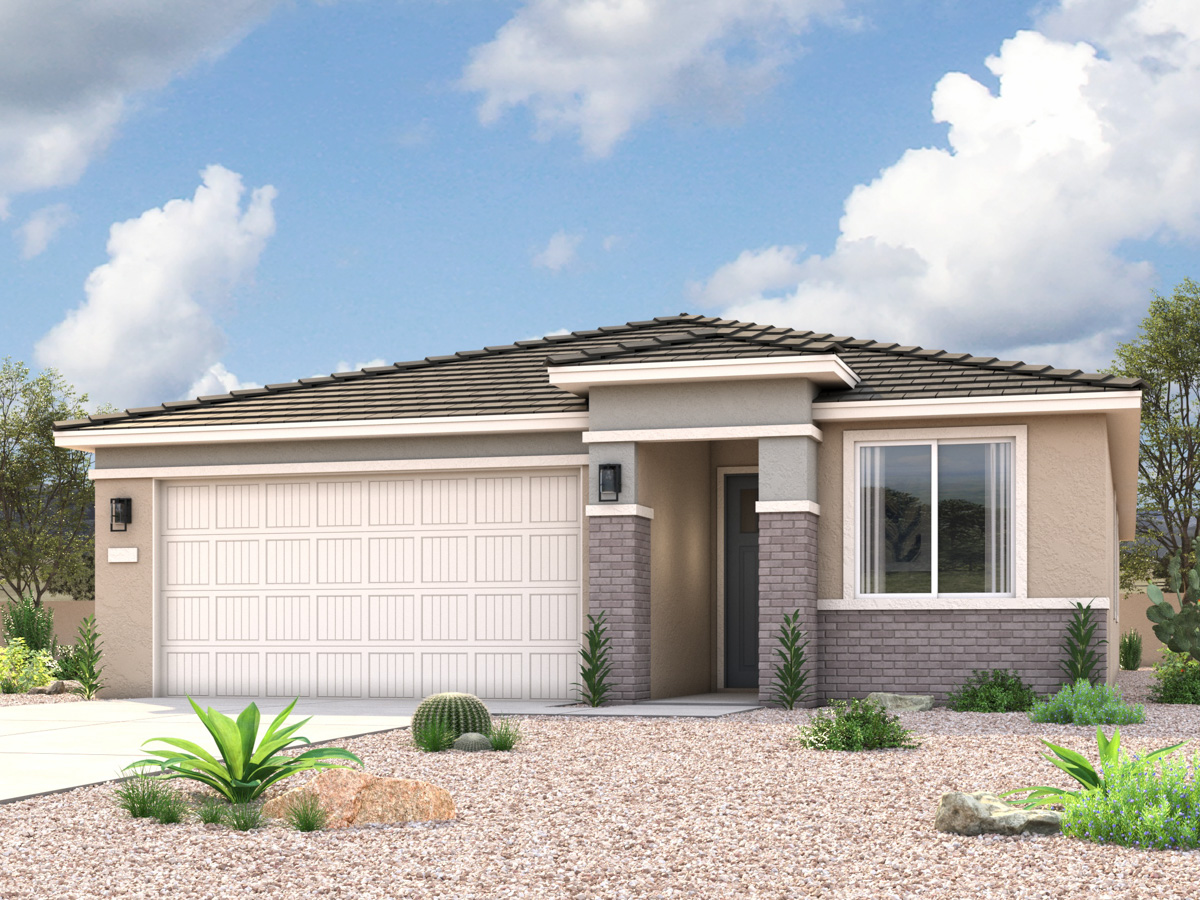 Rendering of front of new home for sale in San Tan, AZ with 2 car garage in the beautiful Skyline Village community with pool.