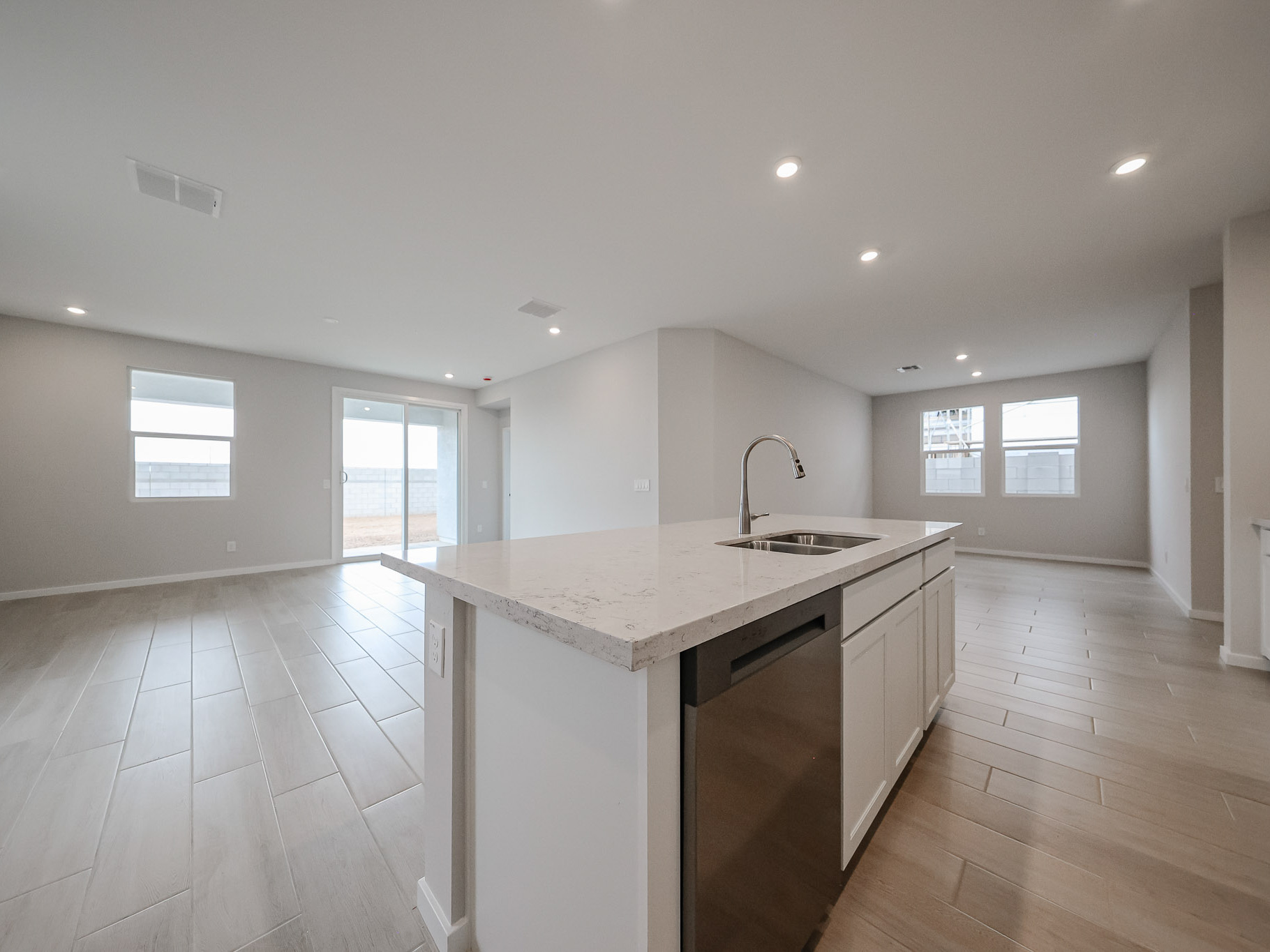 A kitchen with a large island.
