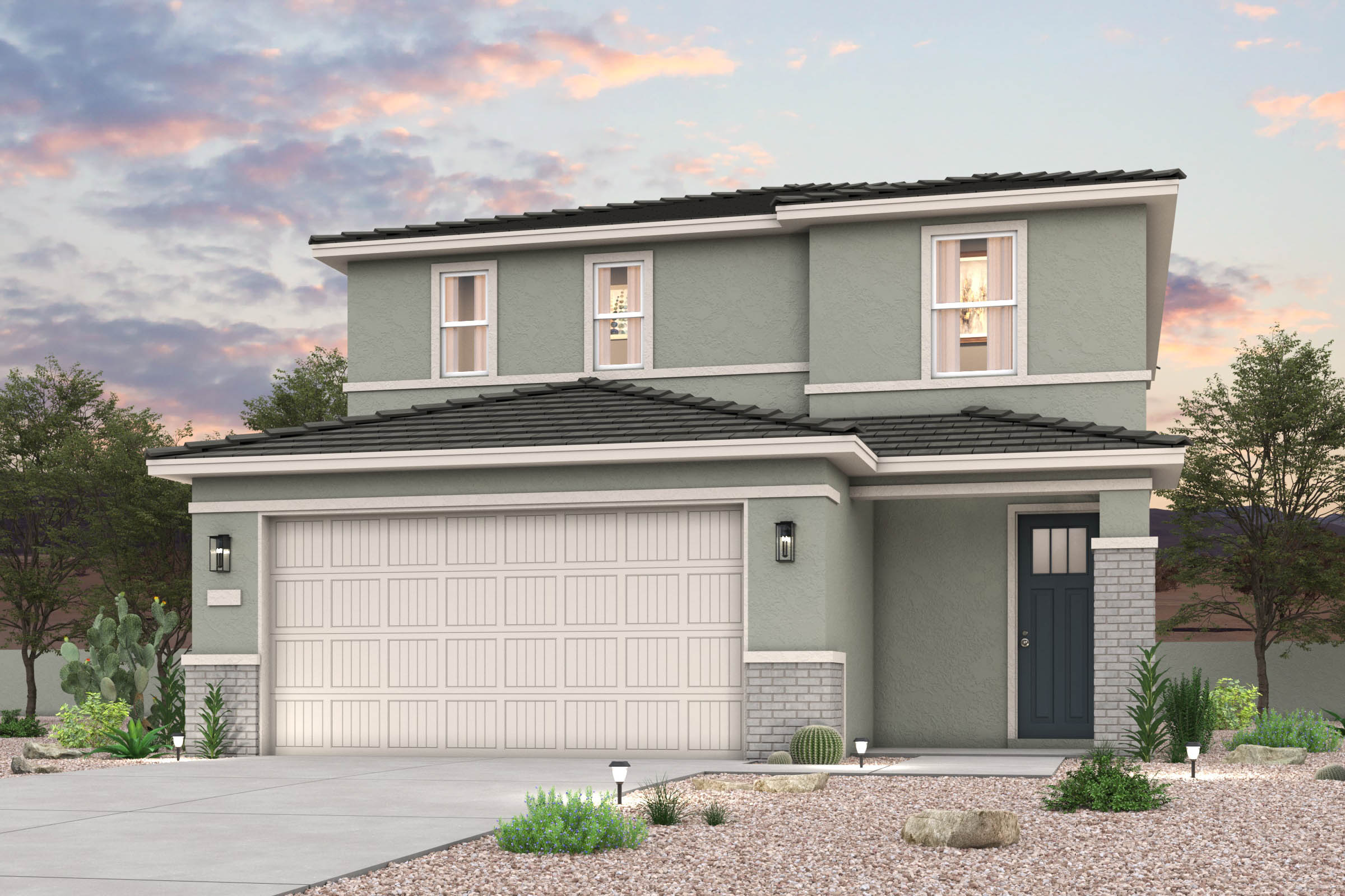 Twilight rendering of front of new home for sale in San Tan Valley, AZ at Skyline Village the Highlands Collection by Century Communities with 2 car garage.