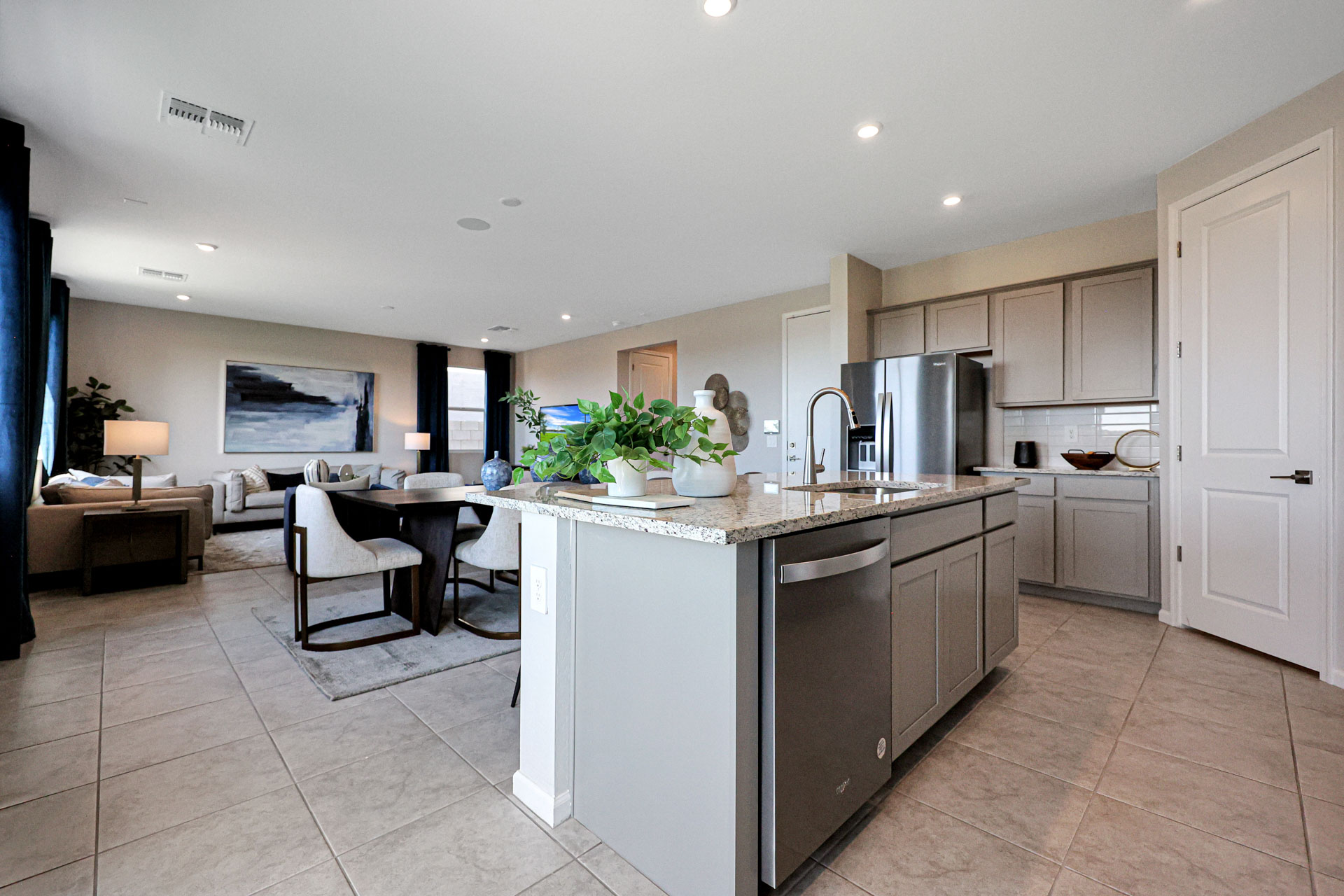 A kitchen with a large island.