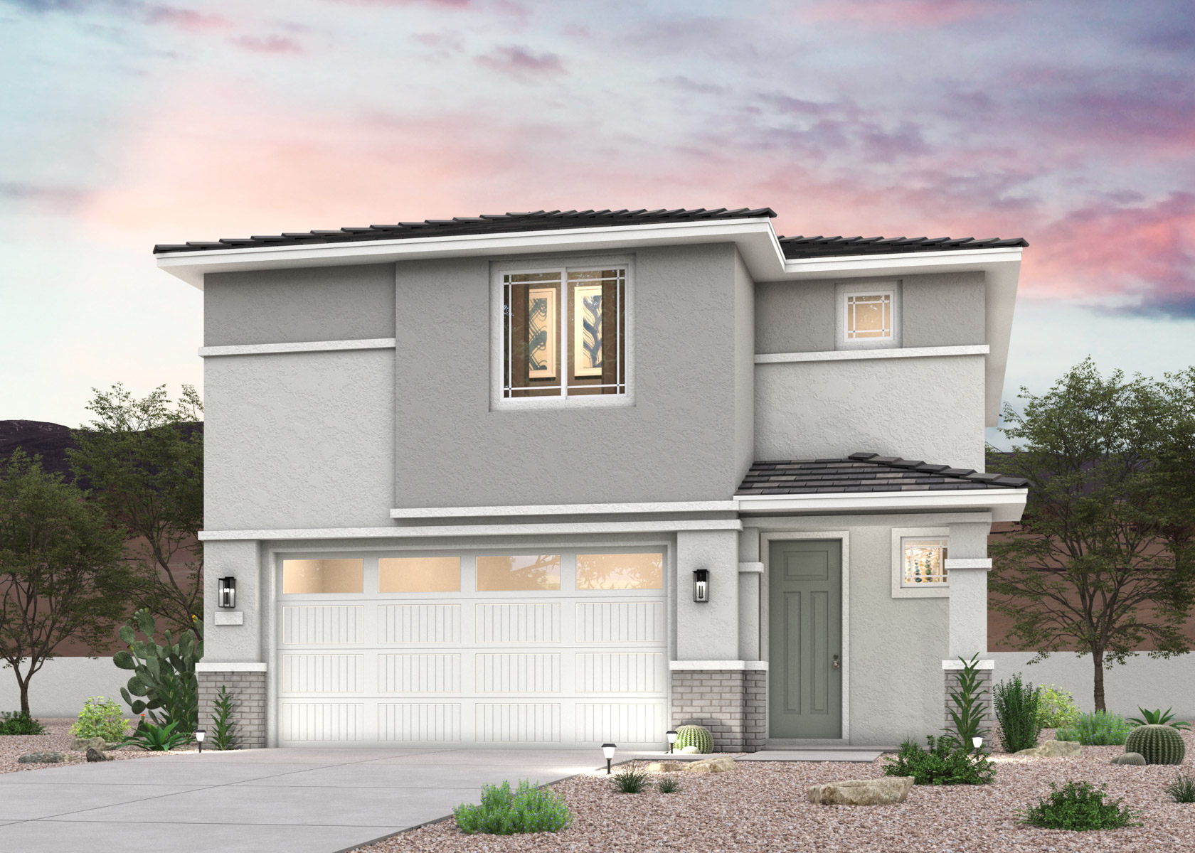 A twilight rendering of a 2-story new home in Buckeye, AZ at Manzanita at Teravalis by Century Communities.