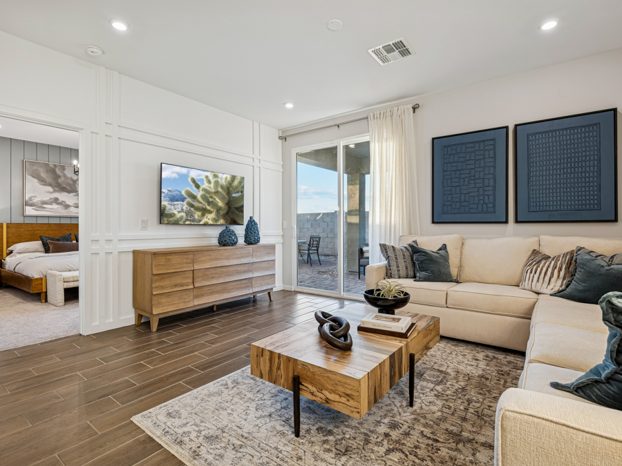 A living room with a large window.