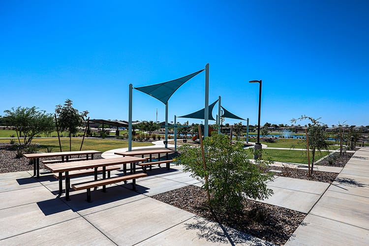 A picnic table and a gazebo.