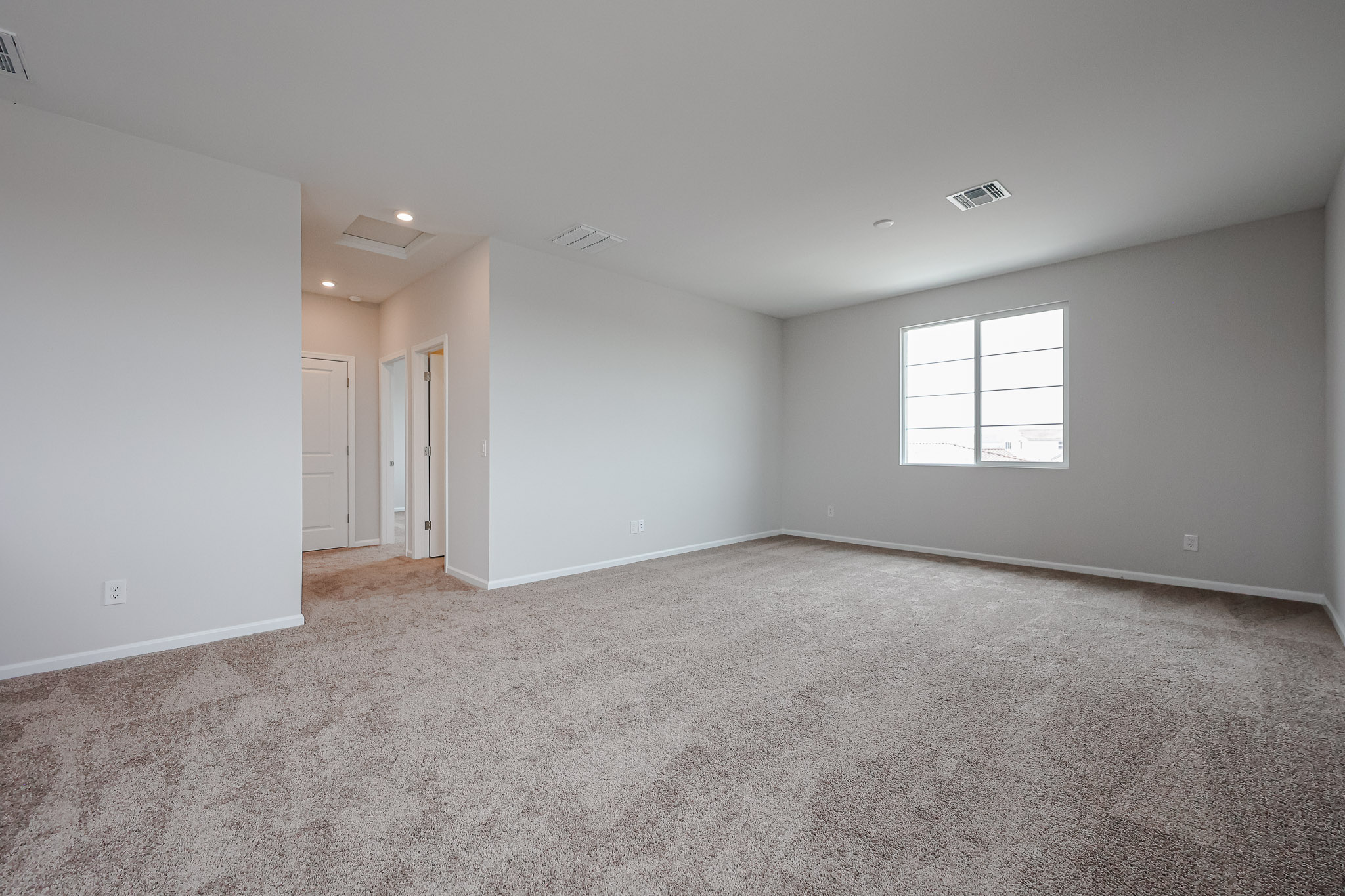 A room with a carpet and a window.
