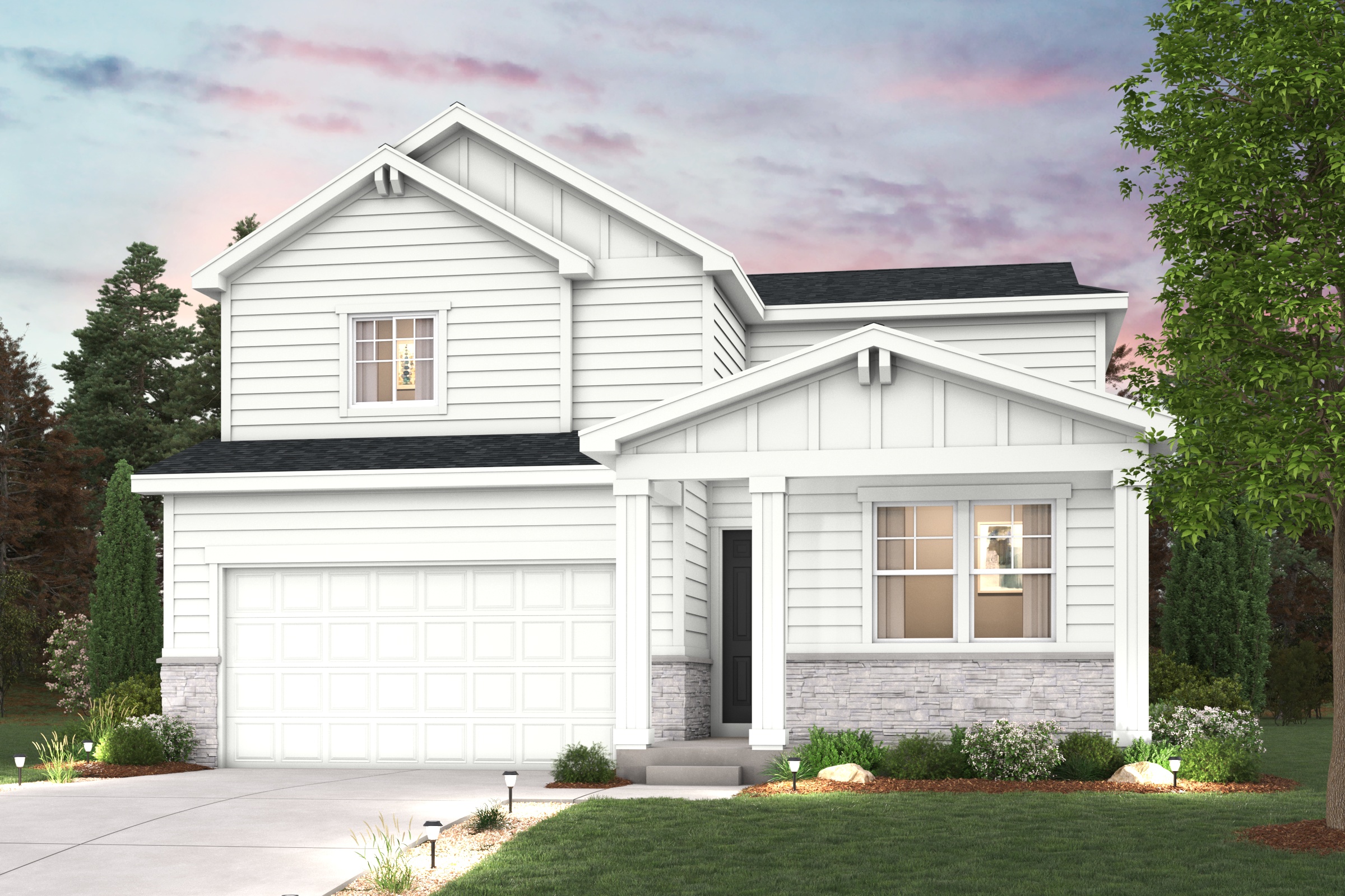 A white house with a garage.