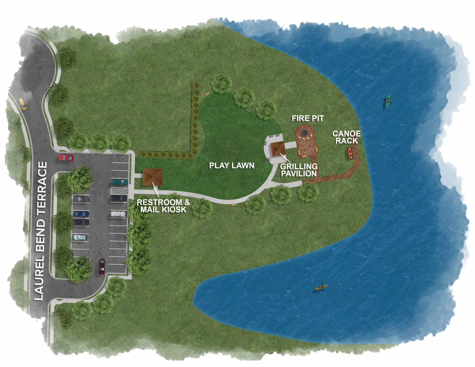 Color amenity map with mail kiosk, play area, grilling pavilion, canoe rack and fire pit