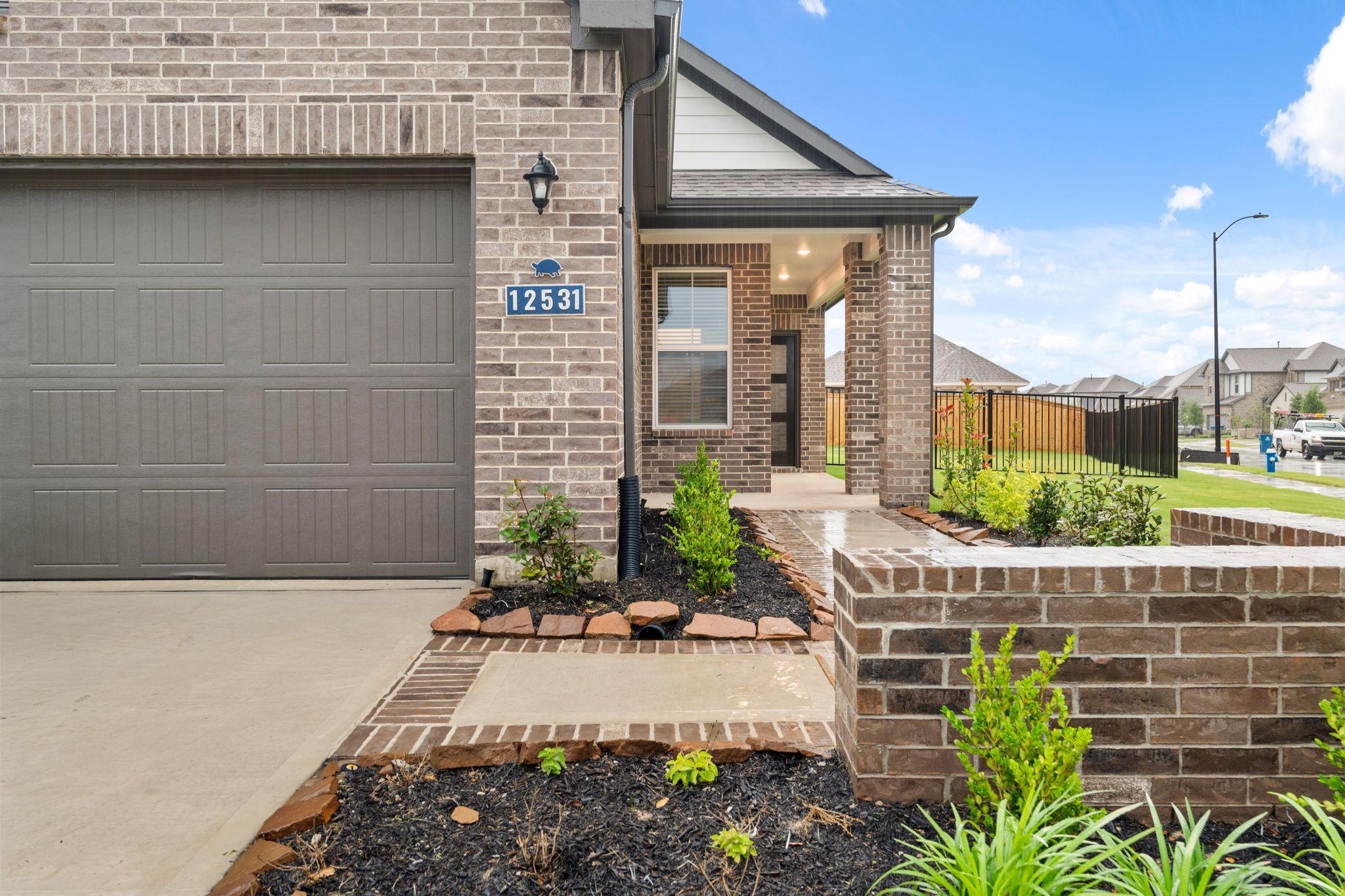 A building with a garage.