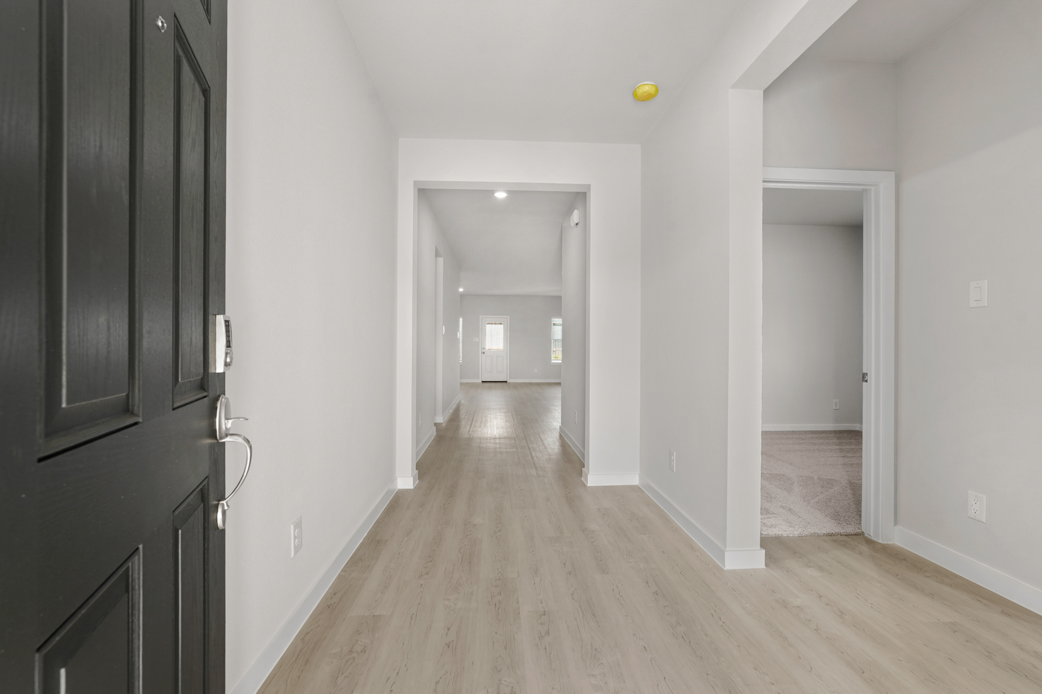 A hallway with black doors.