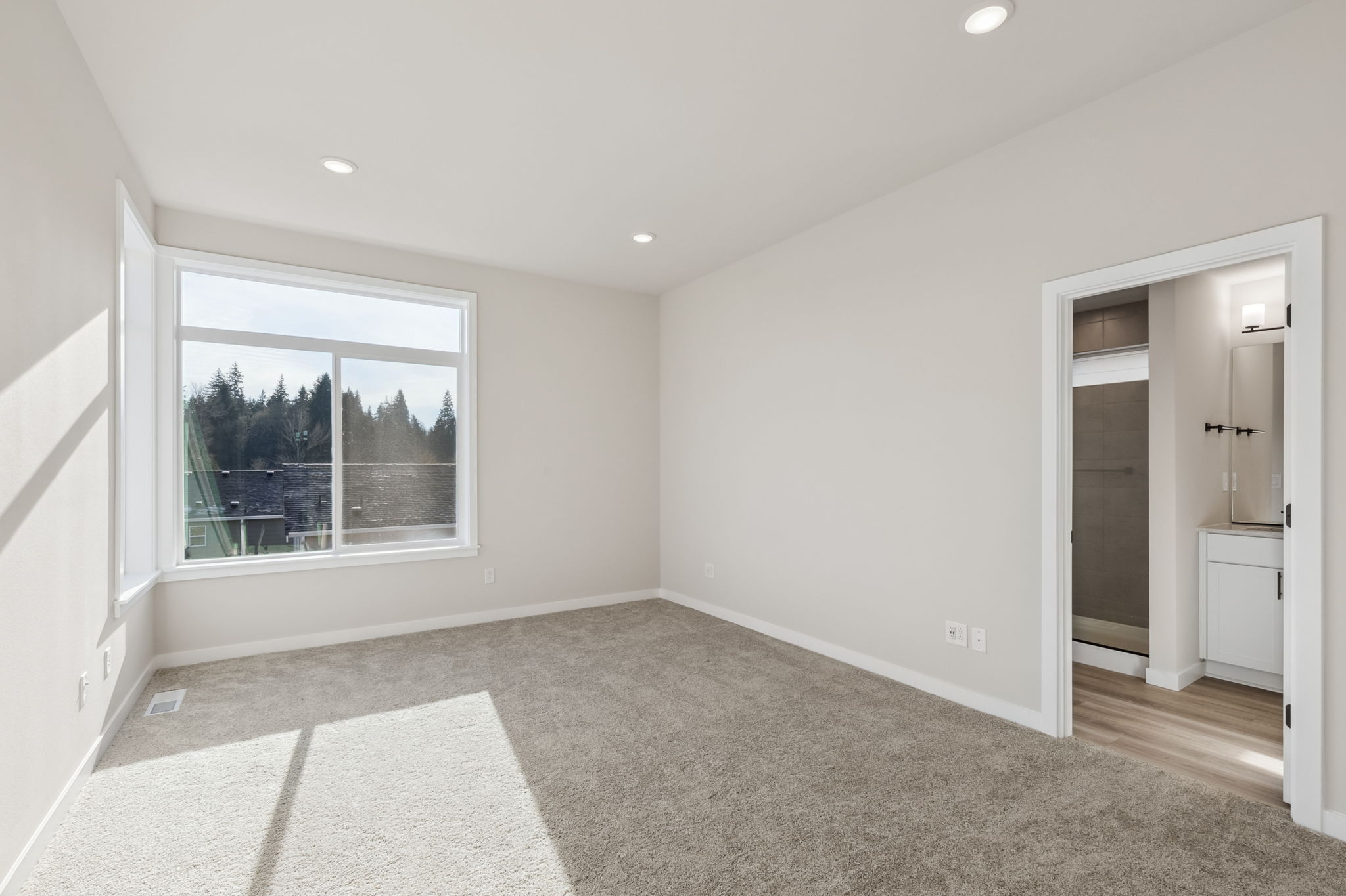 A room with a window and a rug.