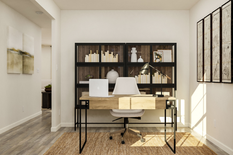 A room with a table and shelves.