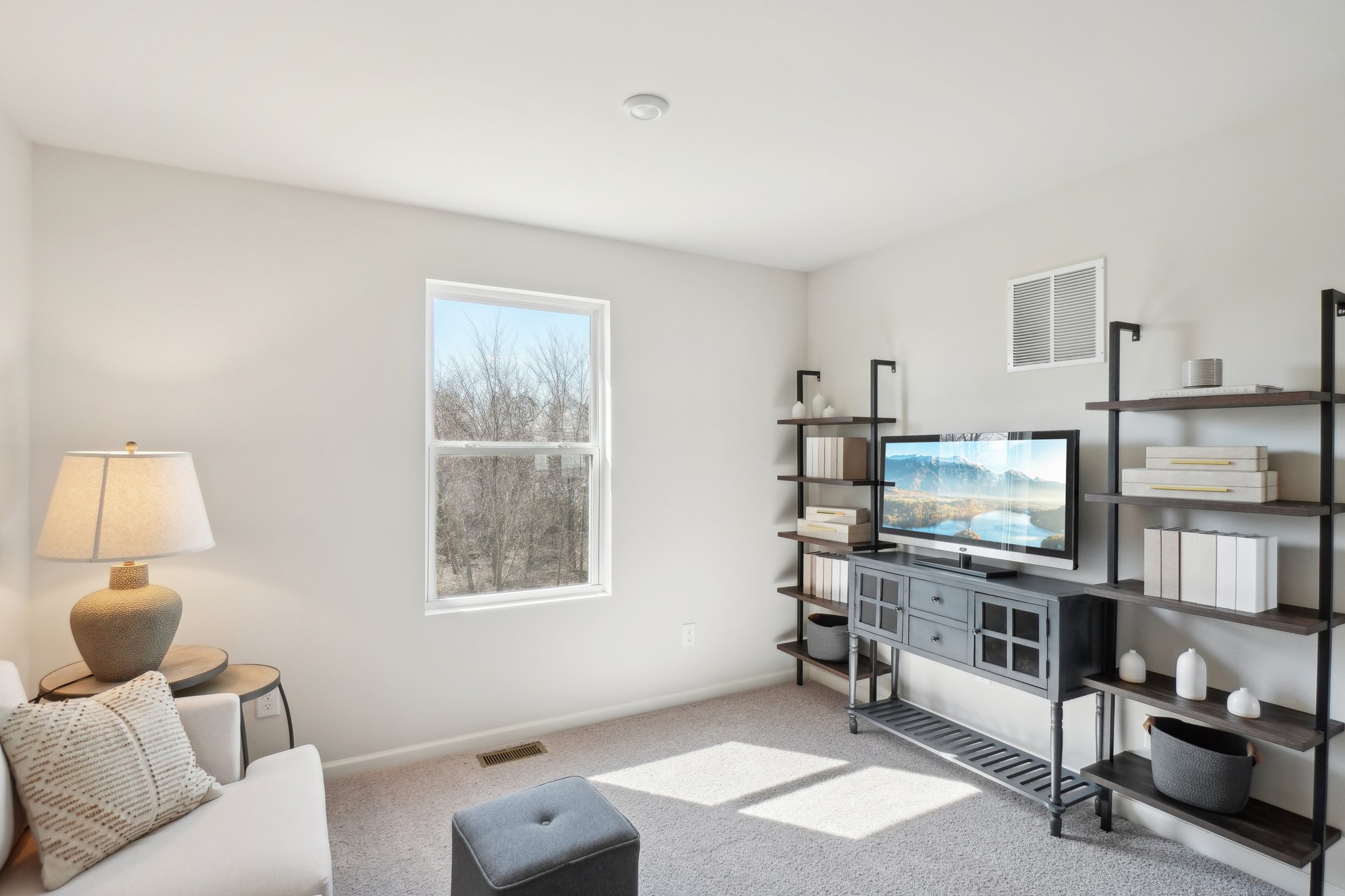 A living room with a tv and shelves.
