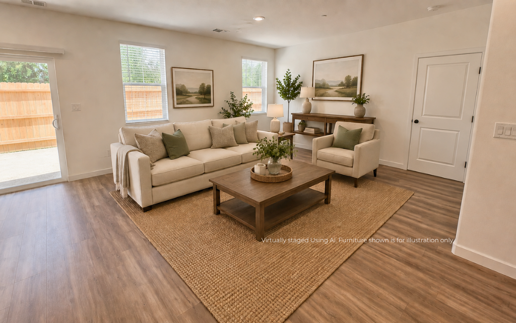 A living room with a wood floor.