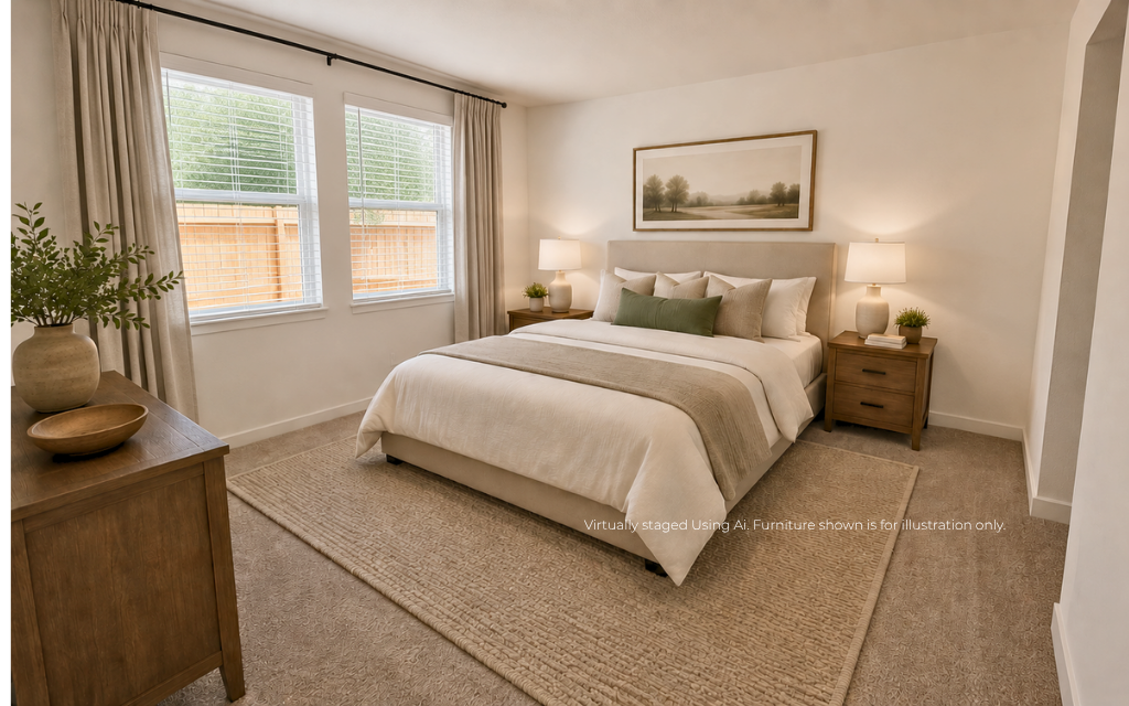 A bedroom with a bed and a table.