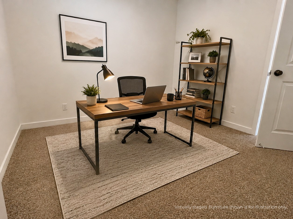 A desk with a laptop on it.